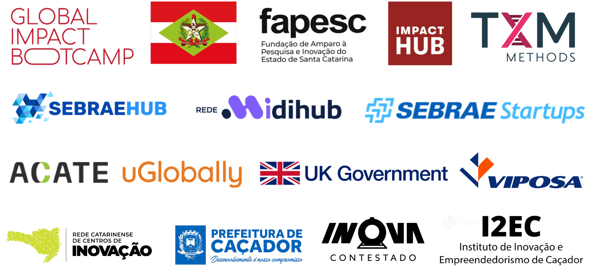 Parceiros do ecossistema CLIMAEDU: Global Impact Bootcamp, Governo de Santa Catarina, FAPESC, Impact Hub, TXM Methods, SebraeHub, Rede Midihub, Sebrae Startups, ACATE, uGlobally, UK Government, VIPOSA, Rede Catarinense de Centros de Inovação, Prefeitura de Caçador, Inova Contestado e I2EC.