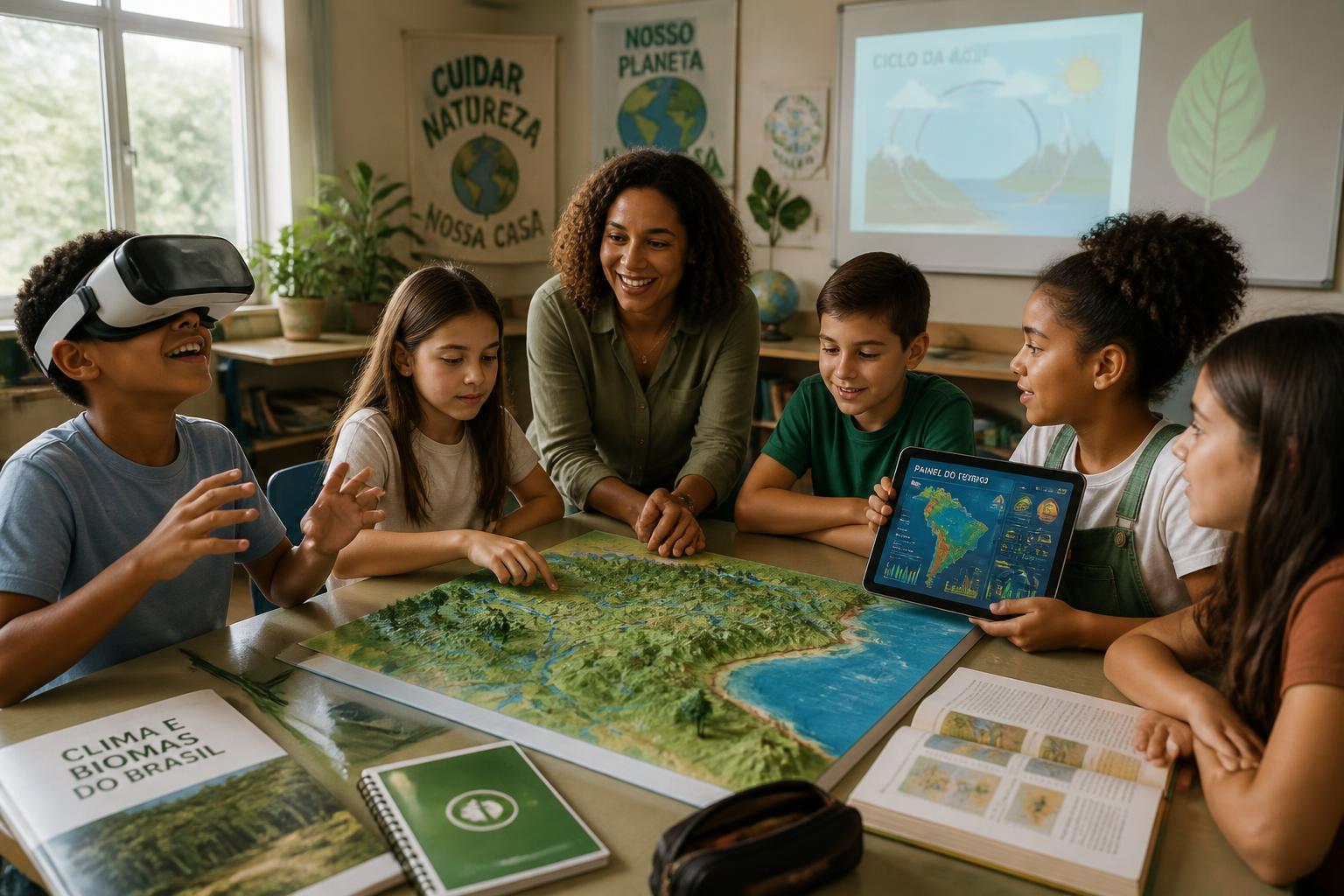 Professora mediando atividade imersiva de educação climática com estudantes do ensino fundamental usando VR, tablets, mapas e livros