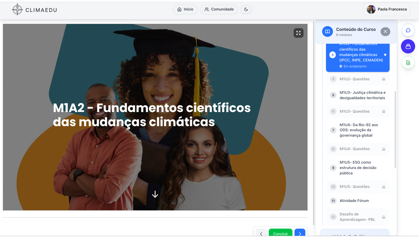 Tela real de curso da plataforma CLIMAEDU com lista de módulos